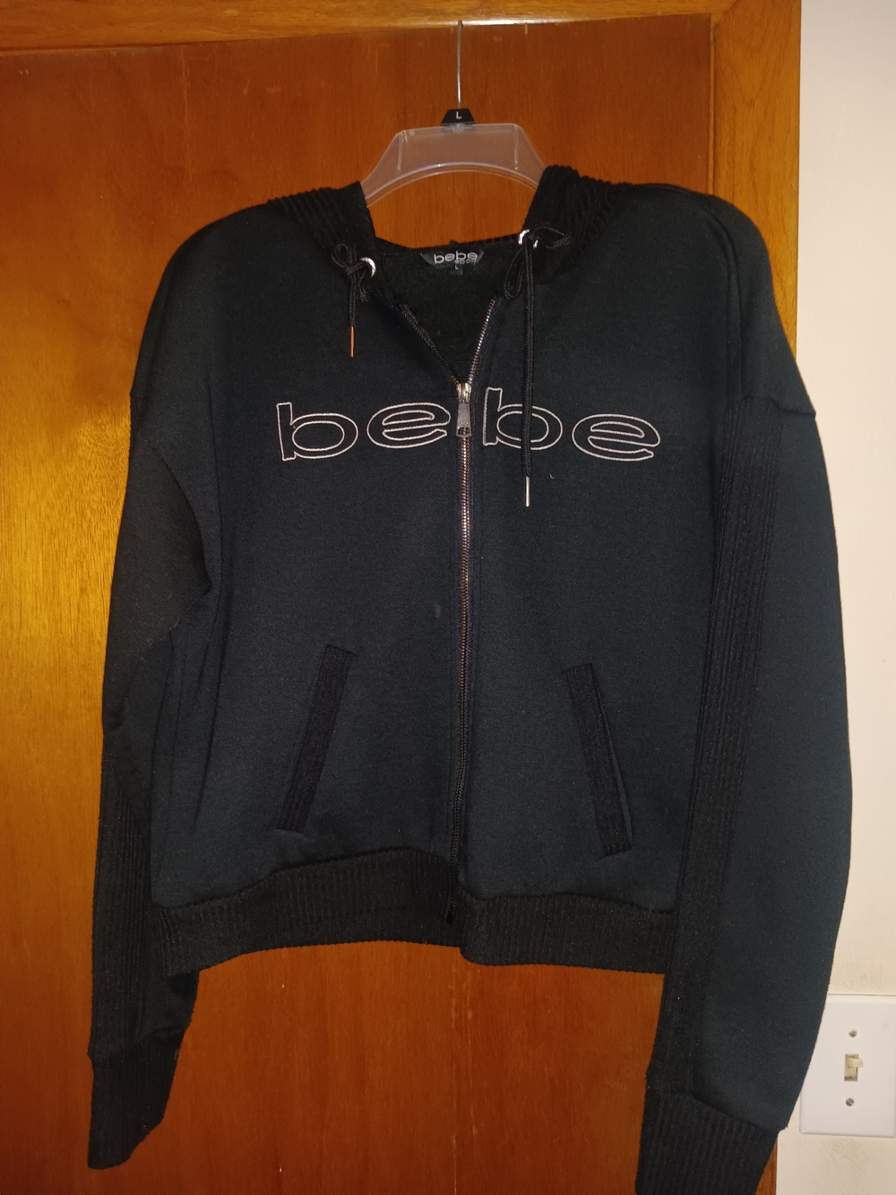 bebe Black Zip-Front Hooded Logo Jacket